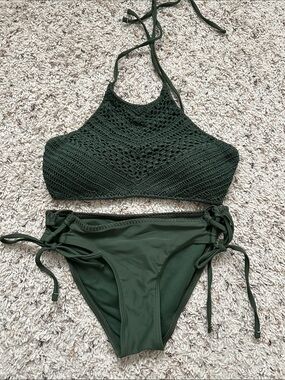 Women’s Dark Green Crochet Halter Bikini Set